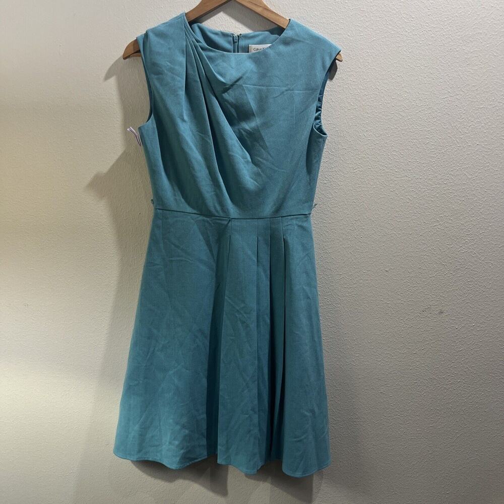 Calvin Klein Teal Sz 4 Sheath Dress Women’s Sleeveless Drape Front Pleated